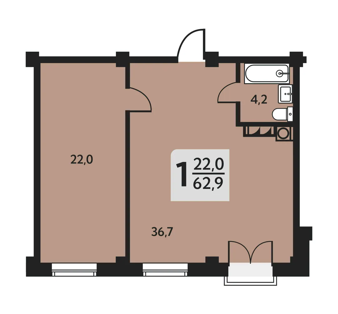 Планировка: 1-комнатная с кухней-гостиной 36,7 м²